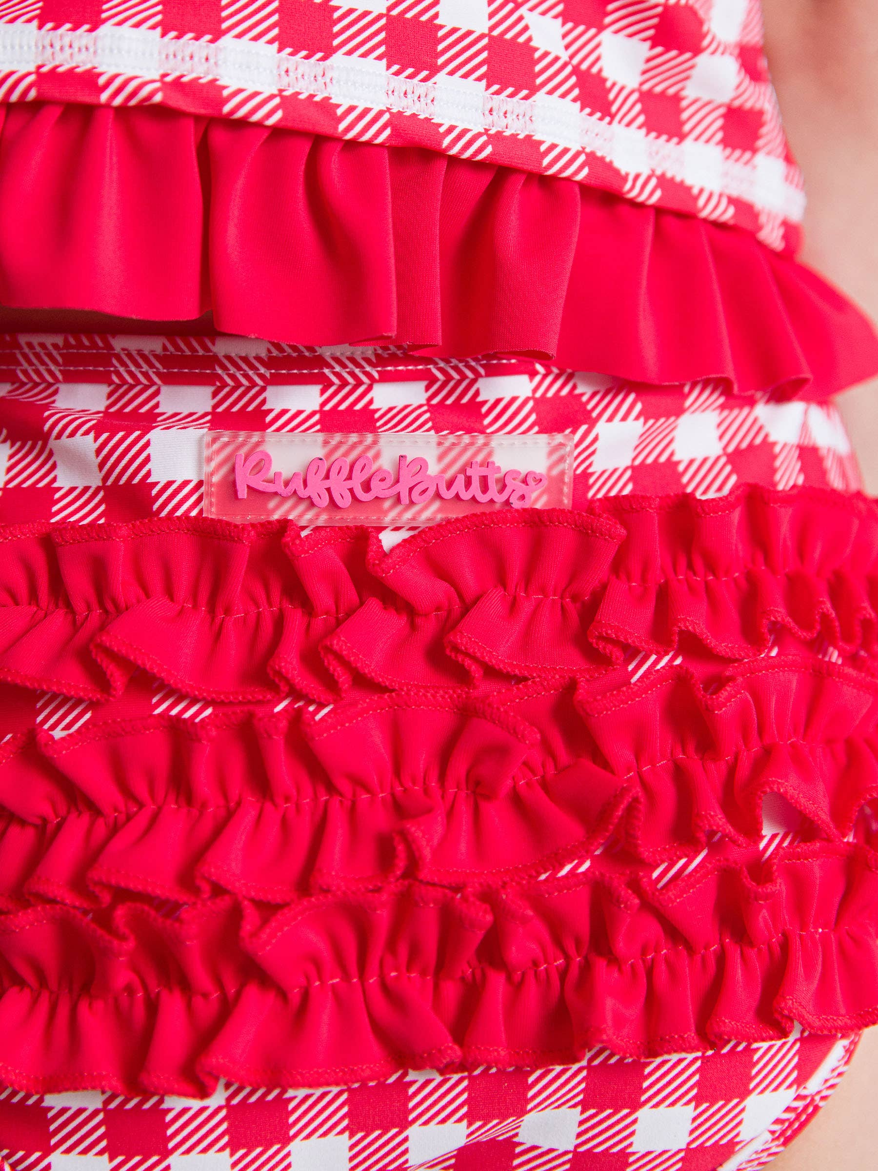 Rød Piger Vintage Rød Gingham Puff Ærme Flæse Tankini 2-delt Badedragt med Signatur Bagflæser for engroshandel på Faire8