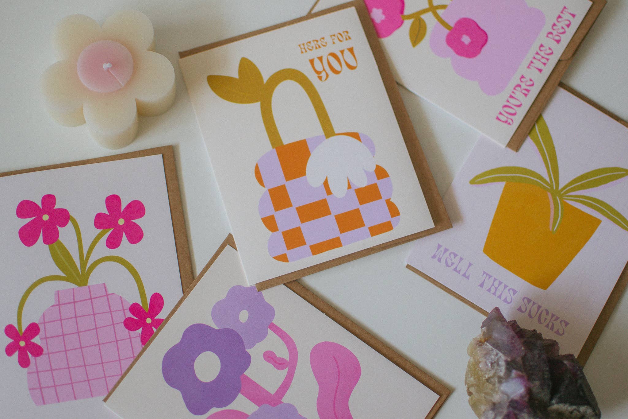 Brush + Bird Paper Co. - Wholesale Gewone wenskaart - Retro bloempotkaart | Blanco roze wenskaart2