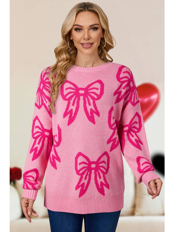 As shown Pink Valentine Bowknot Graphic Knit Sweater | S-XL for wholesale on Faire