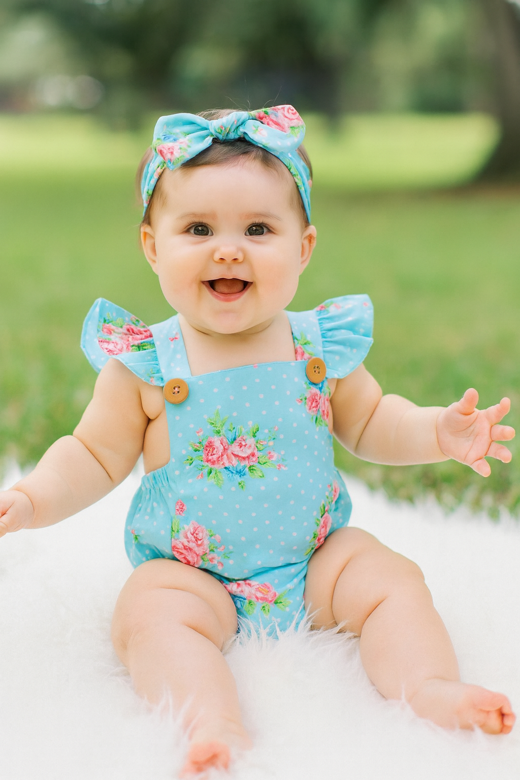 Fennco Styles - Wholesale Bodysuit (Non-Footed) - Baby - Blue Floral Print Ruffle Backless Baby Romper4
