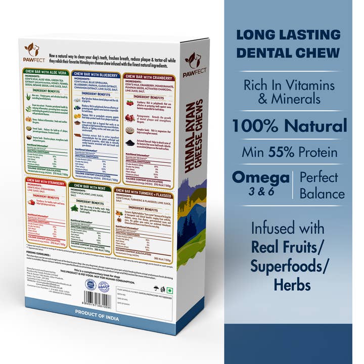 Pawfect Foods - Vendita all'ingrosso Snack - Cani - Pawfect Masticabile di Formaggio Himalayano per Cani di Taglia Media | Confezione Varietà di 6 | Fragola, Mirtillo, Mirtillo Rosso, Aloe, Curcuma, Menta | Senza Cereali, Tutto Naturale, Masticabili Dentali di Lunga Durata (390g/13.76oz)1