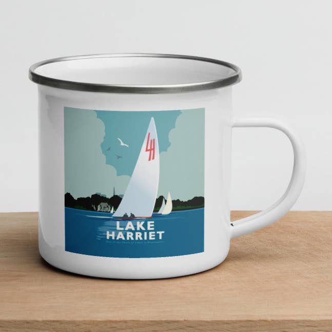 Landmark MN | Lake Harriet Zeil op Witte Emaille Mok voor wholesale door Legendary Landmark Art Prints
