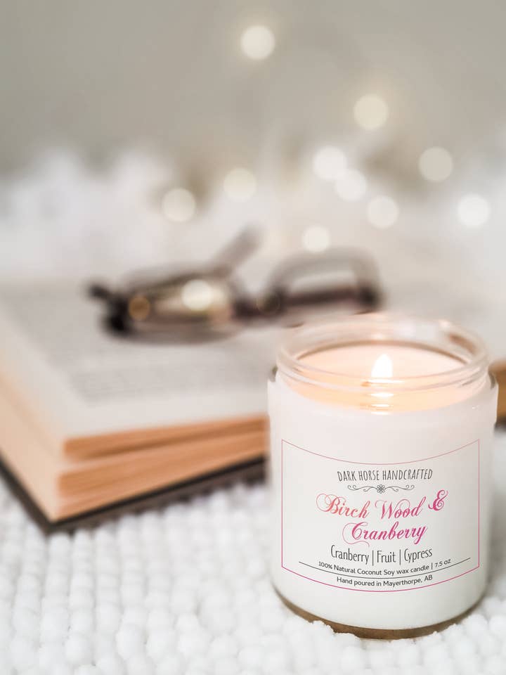 Birch Wood & Cranberry- Holiday/Christmas Coconut Soy Candle for wholesale by Dark Horse Handcrafted