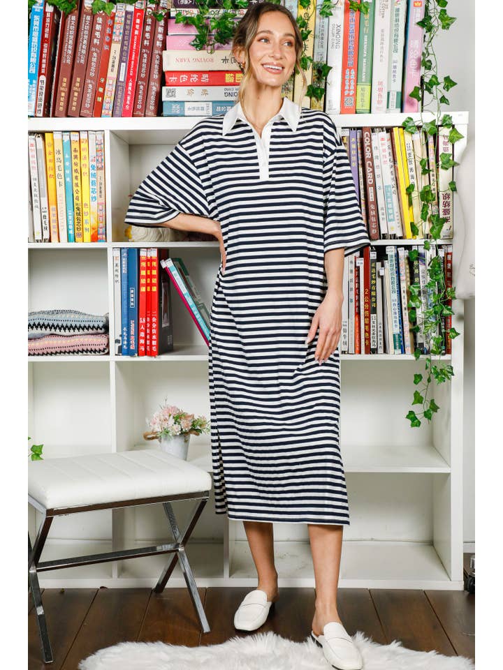 Navy Collared Drop Shoulder Striped Printed Polo Dress VD82307 for wholesale on Faire19
