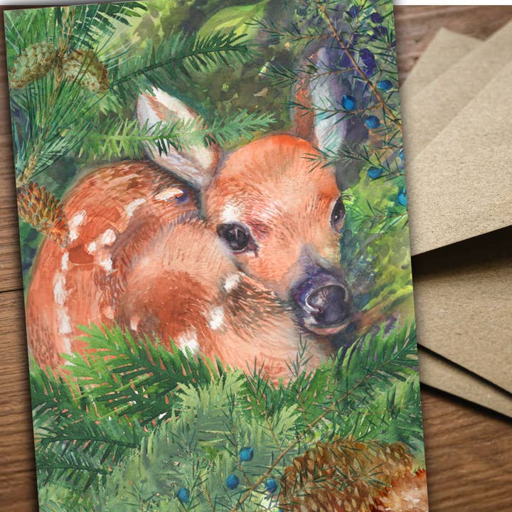 Woodland Fawn Christmas Card Set of 20 | Watercolor | Blank for wholesale by Angi Bock Robertson Art