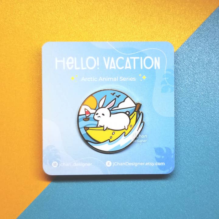 Cute Banana Boat Bunny Hard Enamel Pin, Kawaii Rabbit Lapel Pin, Arctic Hare Badge, Animal Pin for Bag, Clothing Accessory, Summer Beach Pin for wholesale by jChan Designer