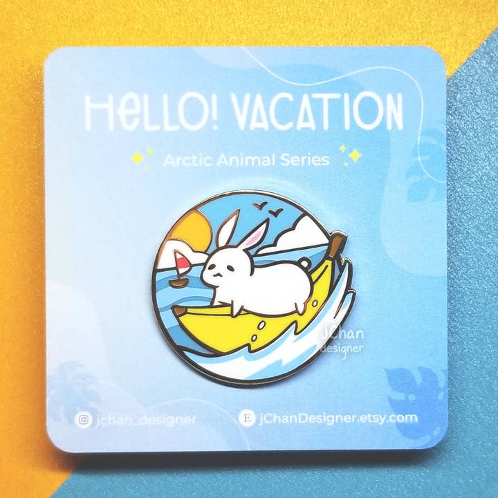 Cute Banana Boat Bunny Hard Enamel Pin, Kawaii Rabbit Lapel Pin, Arctic Hare Badge, Animal Pin for Bag, Clothing Accessory, Summer Beach Pin for wholesale by jChan Designer