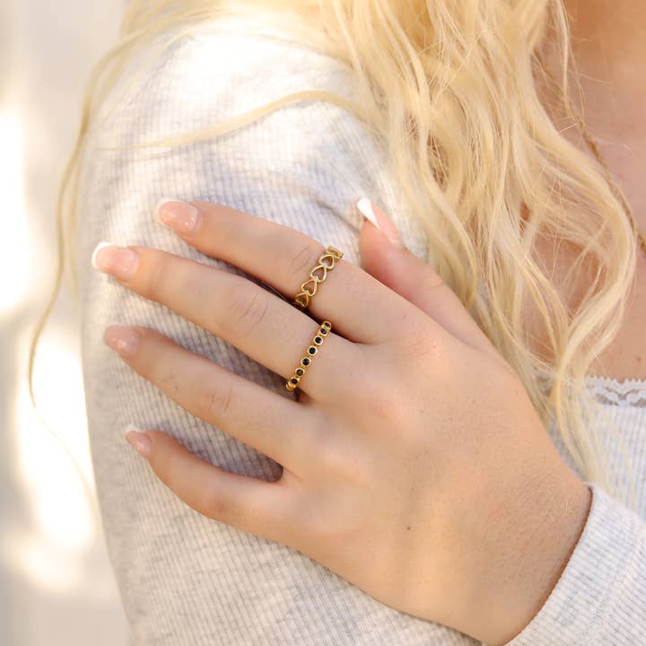 WJW - Wholesale Multi-Stone Ring - 18k Gold PVD Coated Beaded Stainless Steel CZ Stacking Ring