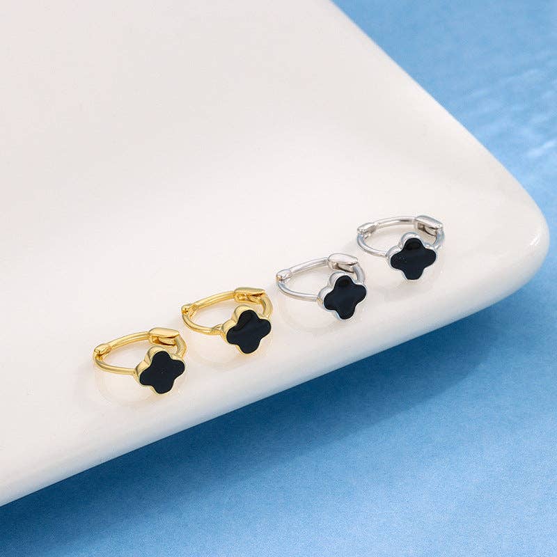 Perimade & Co. LLC - Wholesale Huggie Earrings - Black Four Leaf Clover Hoop Earrings in 925 Sterling Silver6