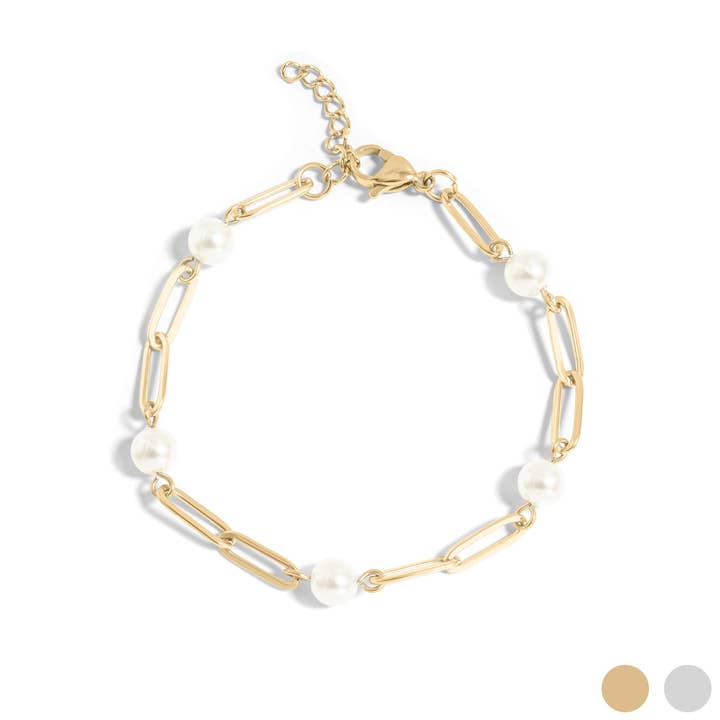 WJW - Wholesale Link & Chain Bracelet - 18K Gold PVD Steel Station Pearl Paperclip Chain Bracelet