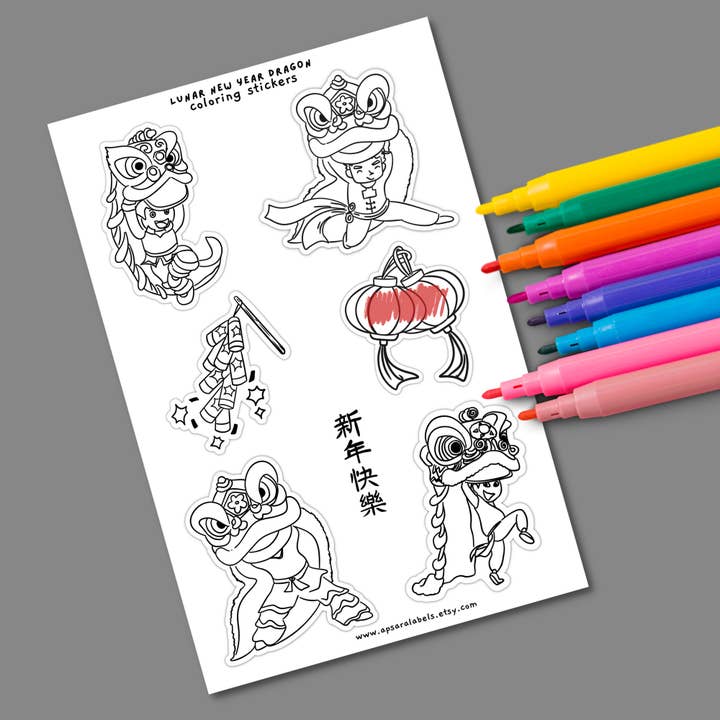Chinese New Year Sticker, Year Of The Dragon, Coloring Pages for wholesale by Apsara Labels