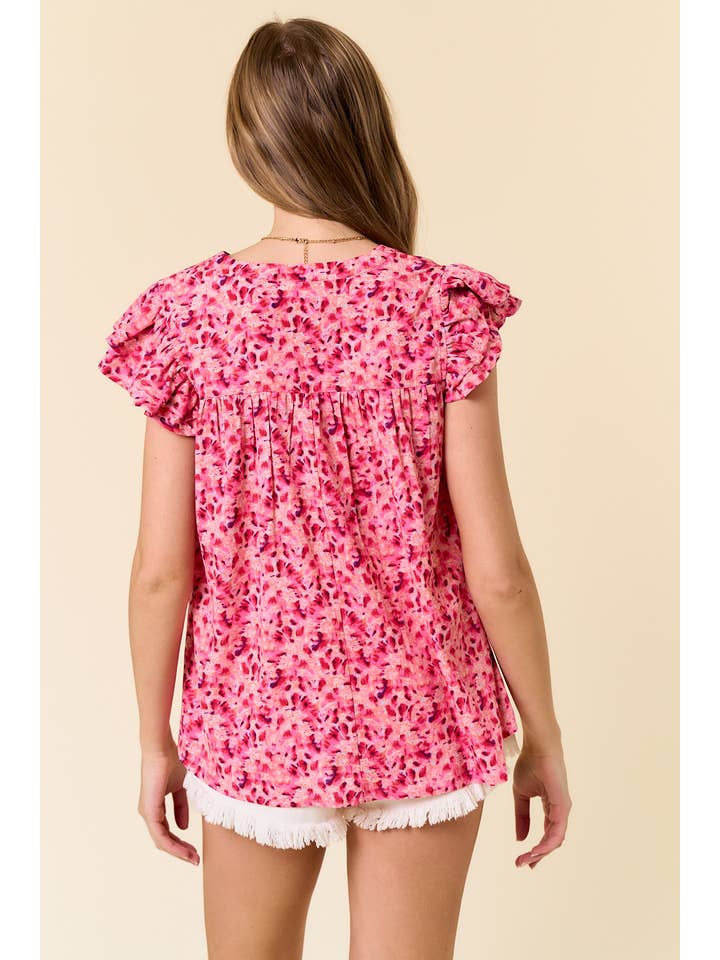 FUCHSIA FLORAL PRINT SPLIT V-NECK RUFFLED SLEEVE TOP - 43899T-1 for wholesale on Faire
