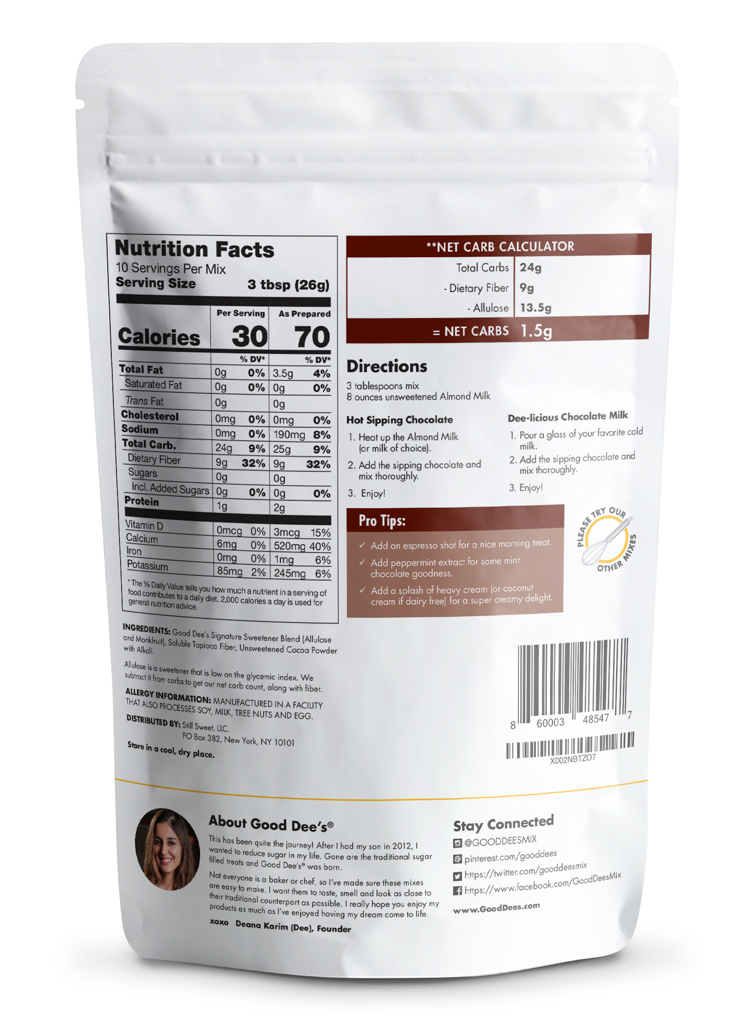 Good Dee's - Wholesale Hot cocoa mix/kit - Good Dee's Sipping Chocolate Low Carb Drink Mix - Vegan, No Sugar Added*, Soy Free and Gluten Free1