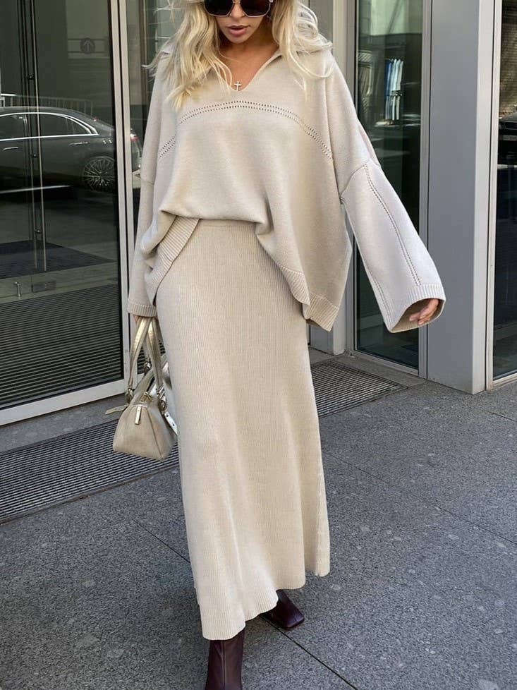 Rosa Clothing - Wholesale Top & Skirt Set - Women's - Polo Collar Loose Pullover Knit Sweater Skirt Set6