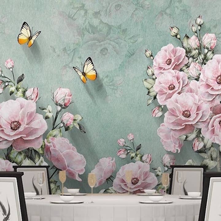 GK Home Decor – wholesale Tapetrulle – Pastell rosa blomma gul liten fjäril rustik tapet