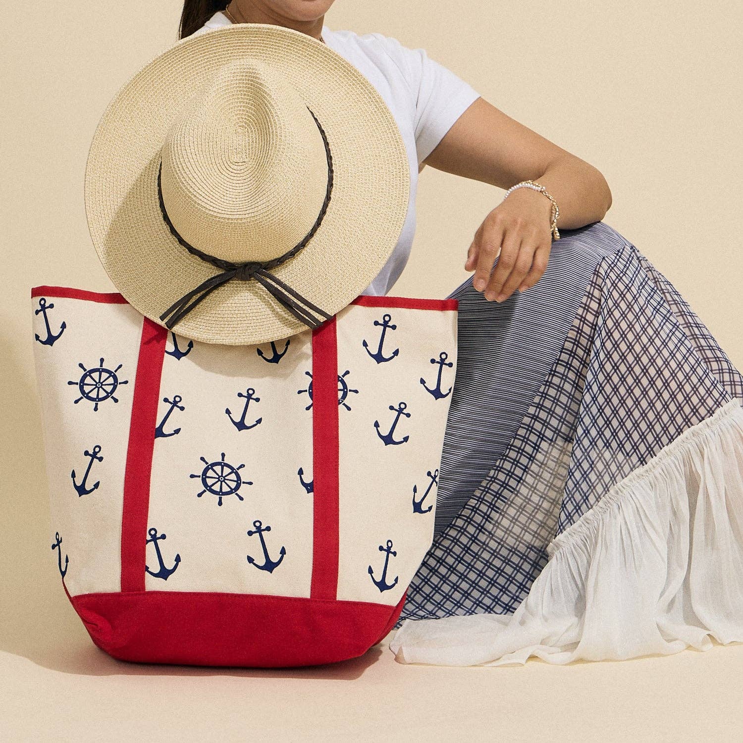 Frem - Wholesale Beach Bag - Canvas Tote Bag with Nautical Anchor Print5