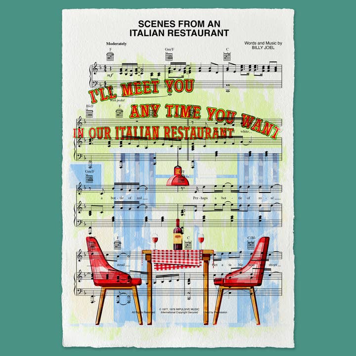 Impression murale sur partition Scènes d'un restaurant italien pour la vente par Cup of Tea Creative