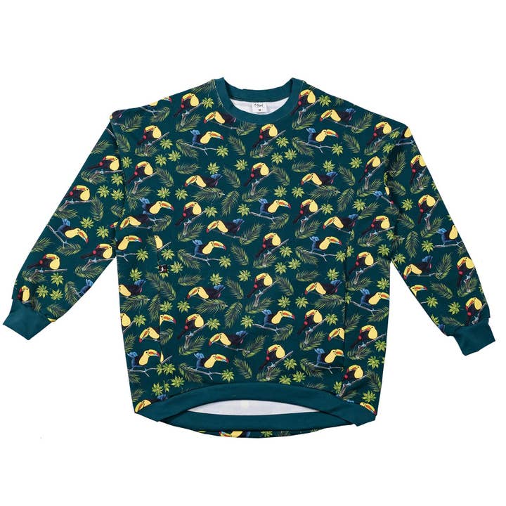 Warm sweater with toucan print, green for wholesale by Beek