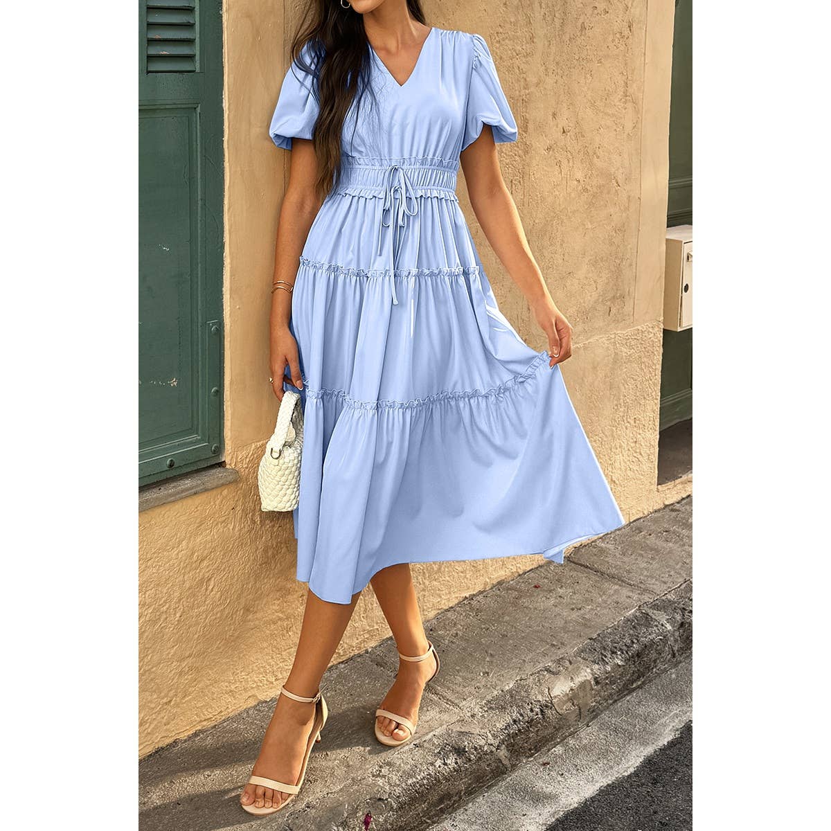 Supreme Fashion – wholesale Dress – Women's – Solid V Neck Puff Sleeve Elastic Waist Dress0