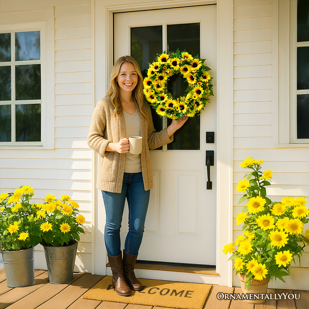 OrnamentallyYou – Coroa de flores por atacado – Grinalda de Girassol para Porta da Frente ou Lar, 20 Polegadas2