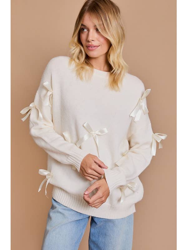 Cream Round Neck Long Sleeve Satin Bows Sweater for wholesale on Faire