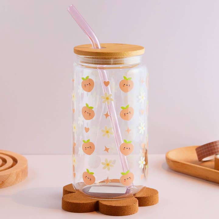 Peaches and Daisies 16 oz Glass Cup Set for wholesale by Peach Dust Collective