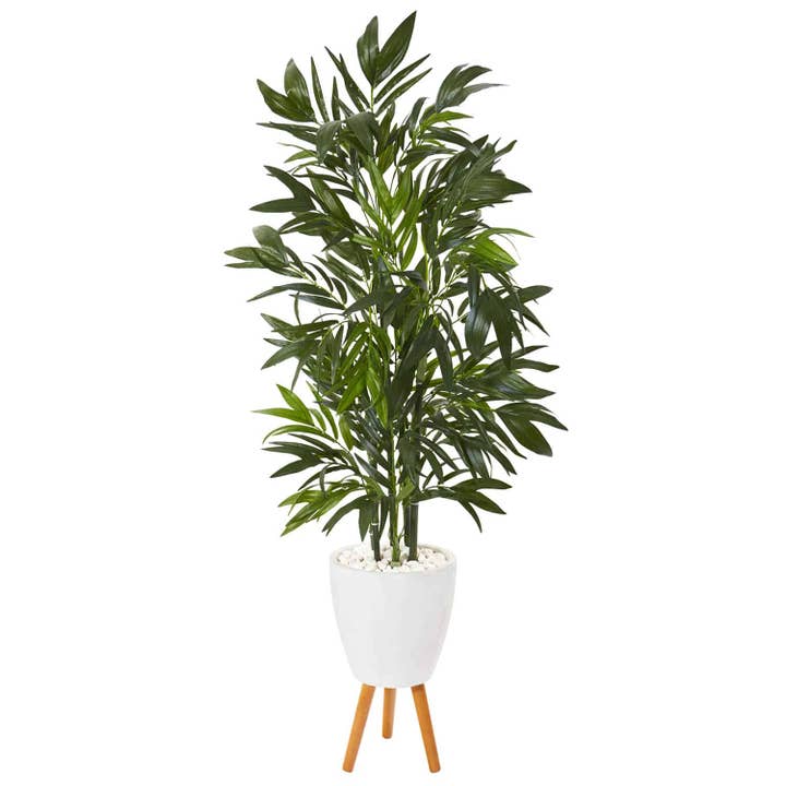 Arbre artificiel palmier bambou de 53” dans un pot blanc avec support pour la vente par Silk Flower Depot