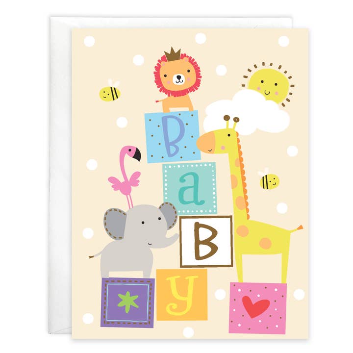 Baby Greeting Card - Baby Blocks and Animals for wholesale by GINA B DESIGNS