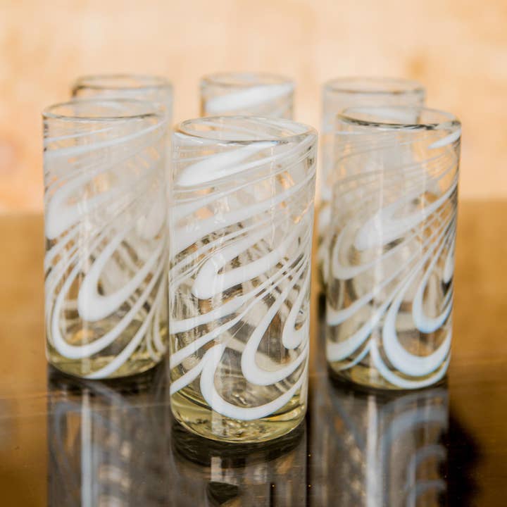 NOVICA - Wholesale Cocktail/Liquor Glass - Whirling White Blown Glass Highball Glasses (Set Of 6)