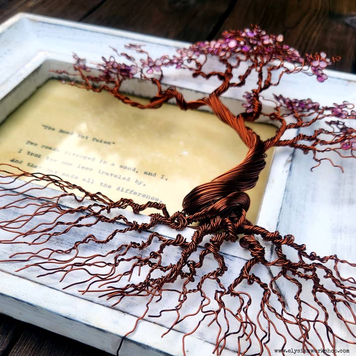 Cherry Blossom Wire Bonsai Tree Sculpture with Poetry for wholesale by Elysian Workshop