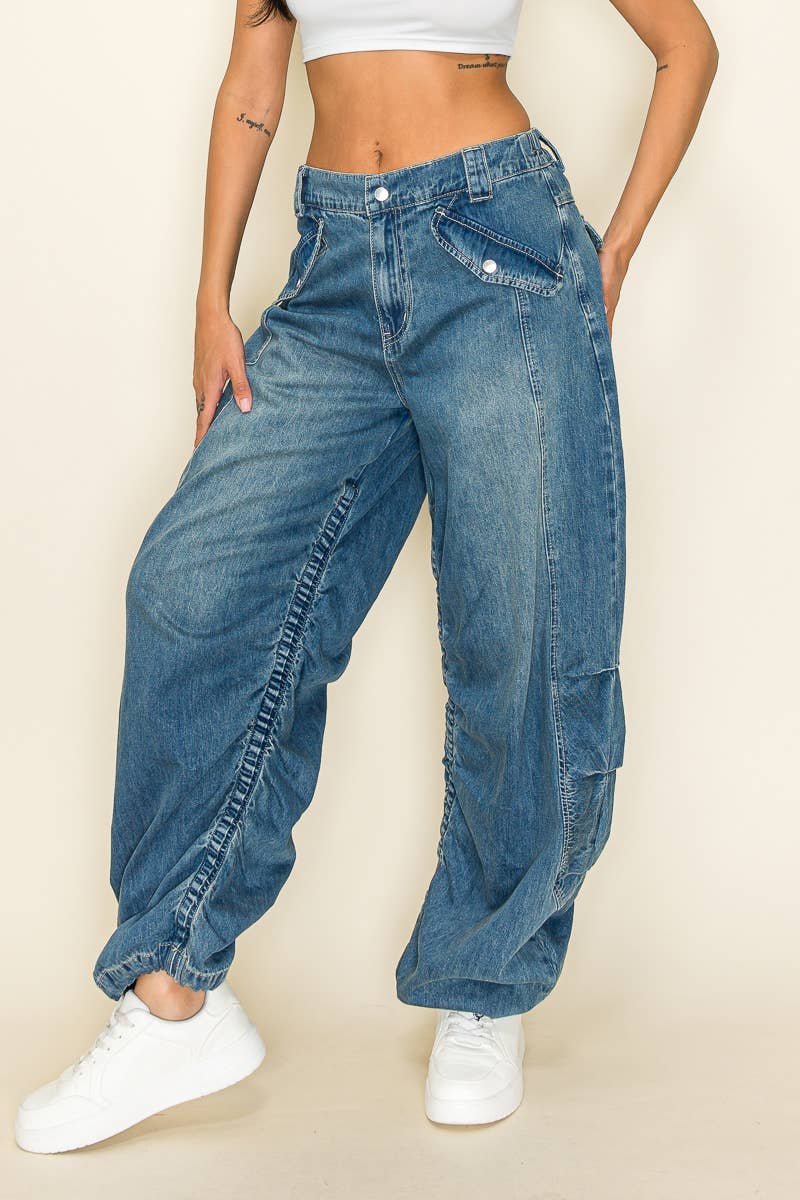 Medium Wash Wide Leg Baggy Drawstring Hem Jeans for wholesale on Faire3