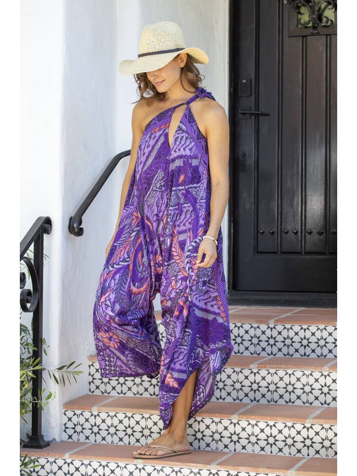 Bali Prema – wholesale Jumpsuit – Women's – Gypsy Summer Jumpsuit in Bird Cay Purple Leaf Batik No Pocket, Womens Beach Jumpsuit Convert to Dress, Boho Clothing
