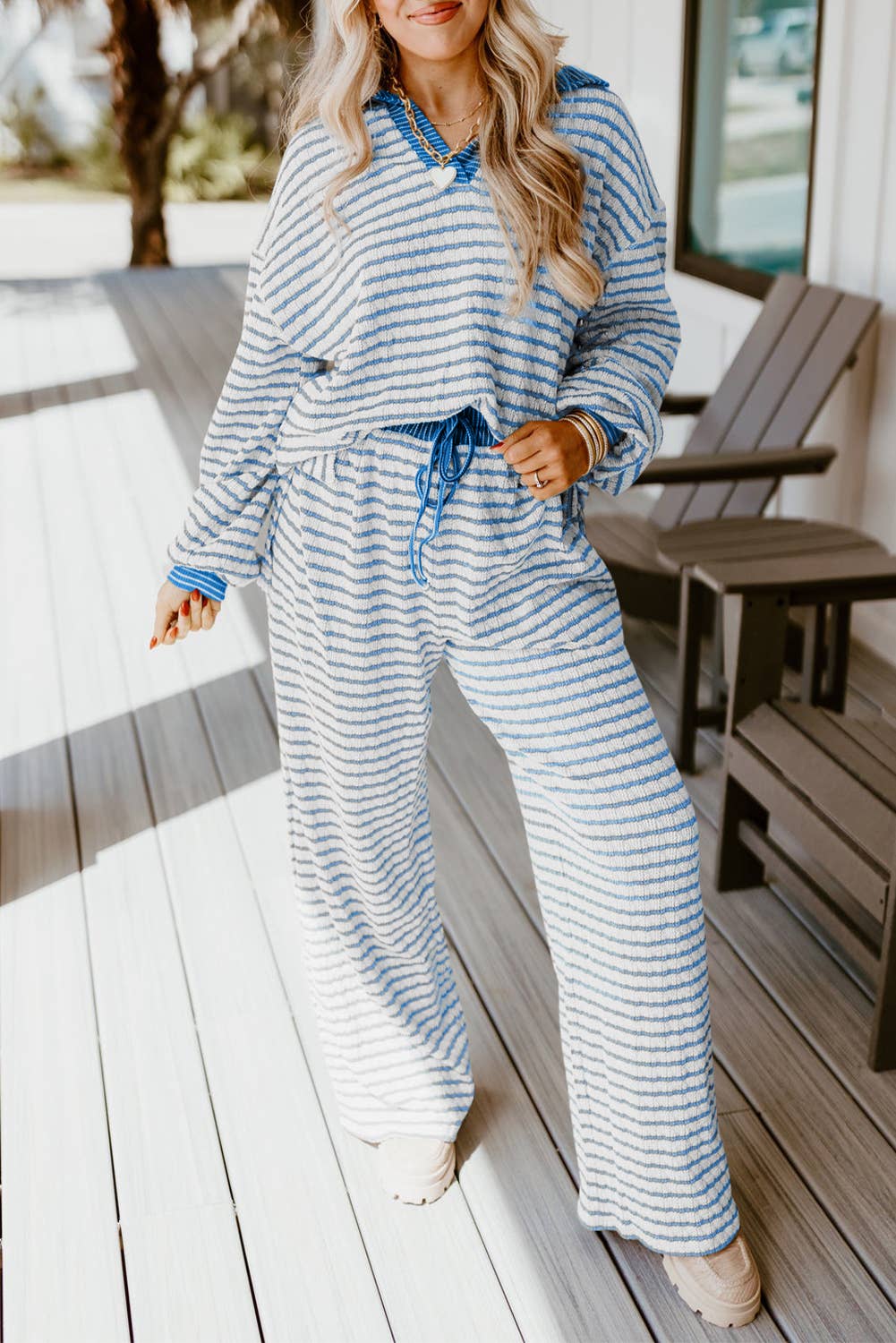 LA Society - Wholesale Lounge Set - Women's - Stripe Collared Pullover Top and Drawstring Pant Set2