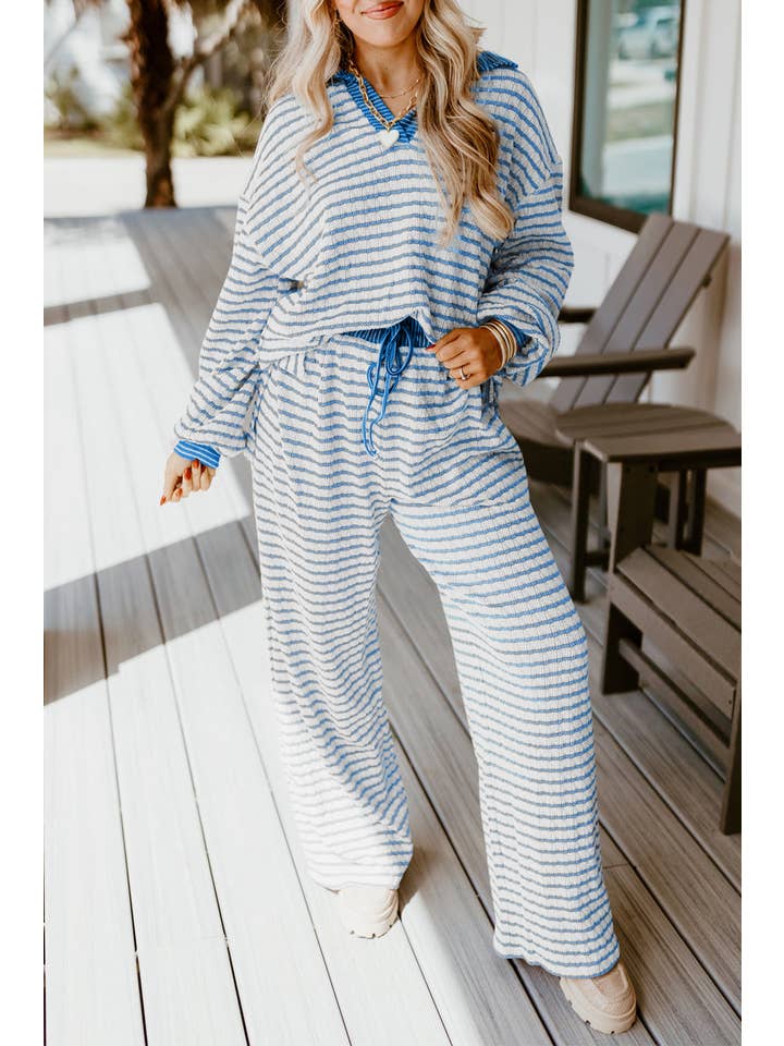 LA Society - Wholesale Lounge Set - Women's - Stripe Collared Pullover Top and Drawstring Pant Set2