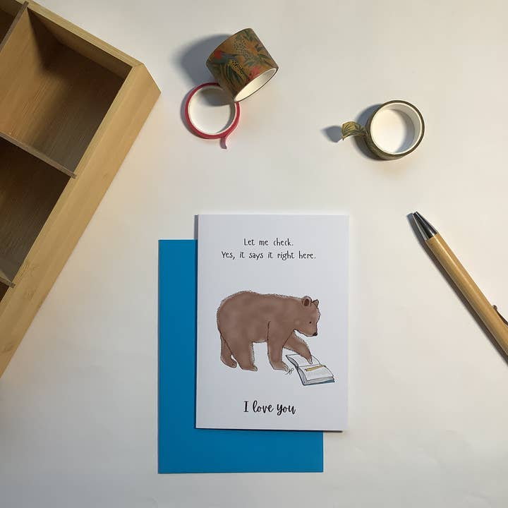 Sweet romantic grizzly bear card for wholesale by Little Red Fox Designs