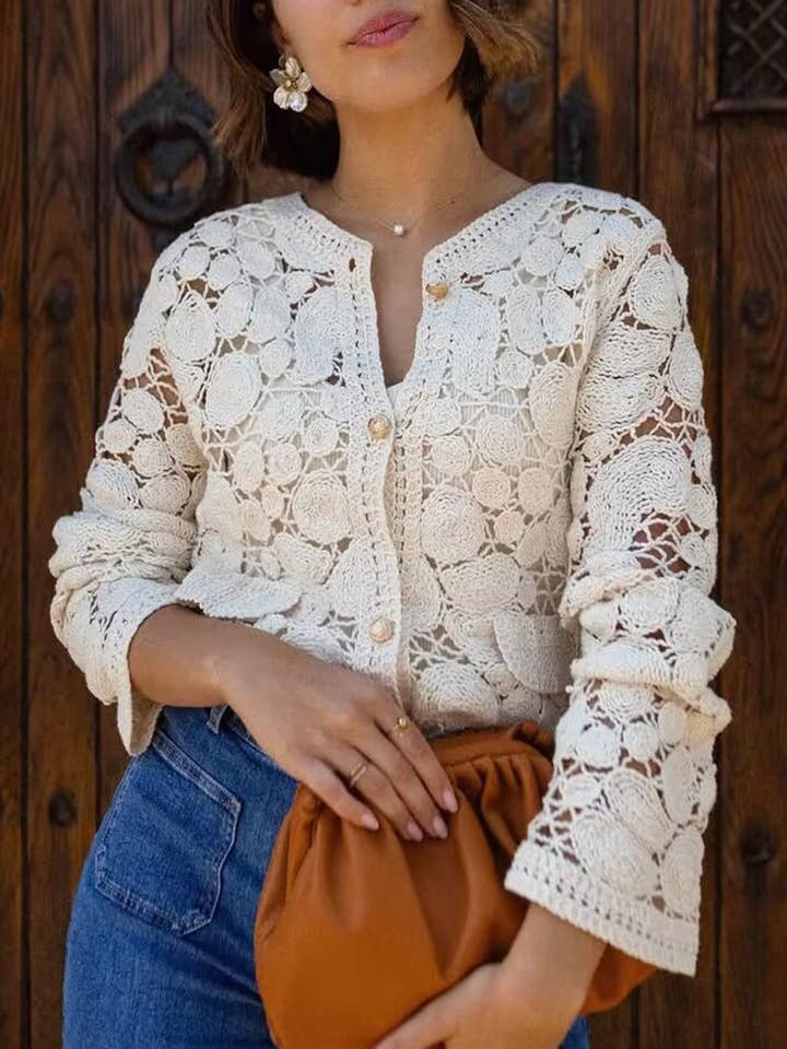 EmberLoom - Wholesale Cardigan - Women's - Crochet Cardigan with Button Detail3