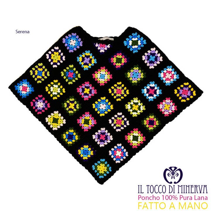 Serena multicolored pure wool crochet poncho - Handmade for wholesale by Il Tocco di Minerva