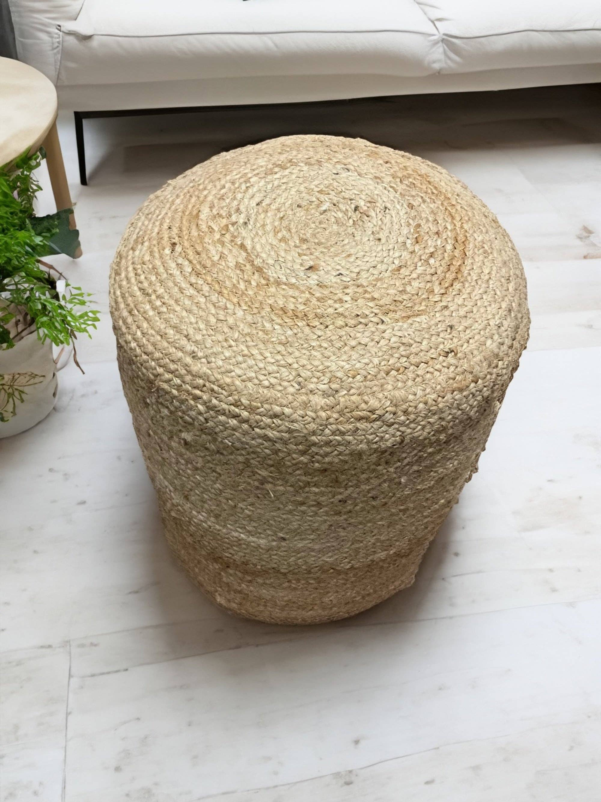 Beige Tall Jute Pouffe – Braided Natural Fibre Footstool for wholesale on Faire2