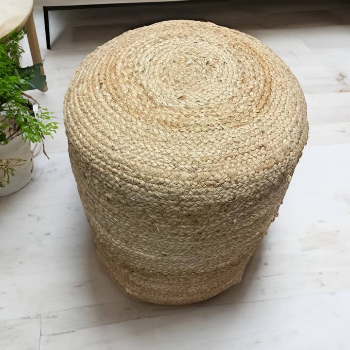 Beige Tall Jute Pouffe – Braided Natural Fibre Footstool for wholesale on Faire2