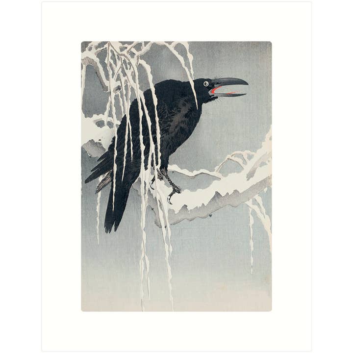 Corbeau sur une branche enneigée - Ohara Koson | Carte de vœux des Fêtes pour la vente par Lucca Paperworks