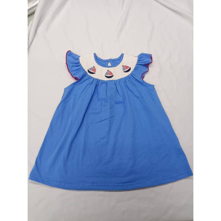 Aier Wholesale - Wholesale Dress - Kids - Smocked Baby Girls 4th Of July Sailboats Knee Length Dresses