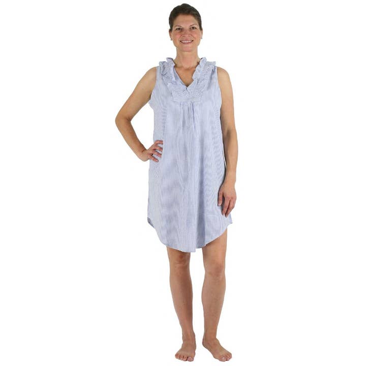 Blue Seersucker ~ Sleeveless Ruffled Nightgown for wholesale by Needham Lane