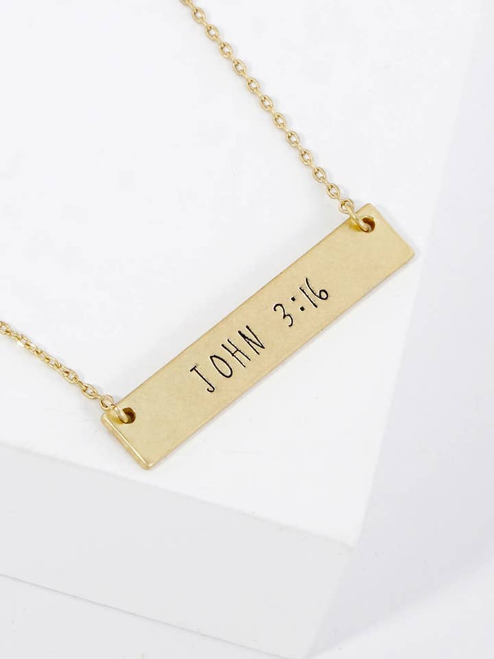 John 3 16 Engraved Horizontal Bar Pendant Necklace for wholesale by Wild Honey