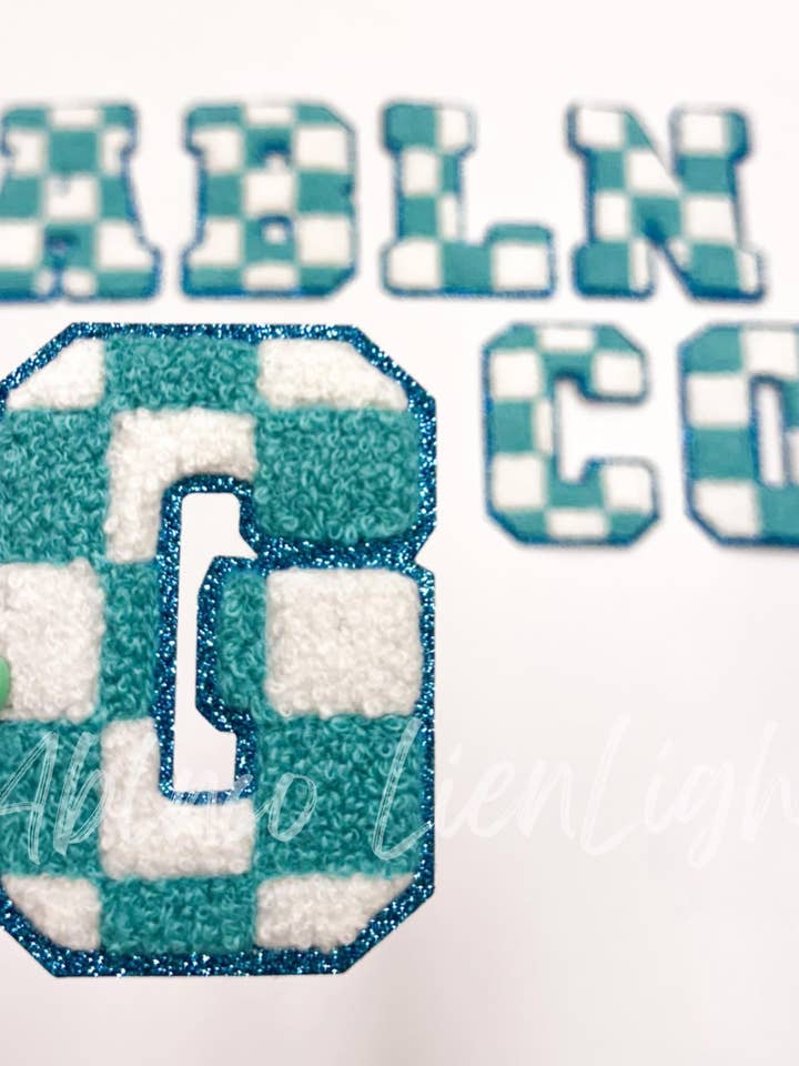 Teal Checkered Letters Chenille Embroidery Patch for wholesale by ABLNco