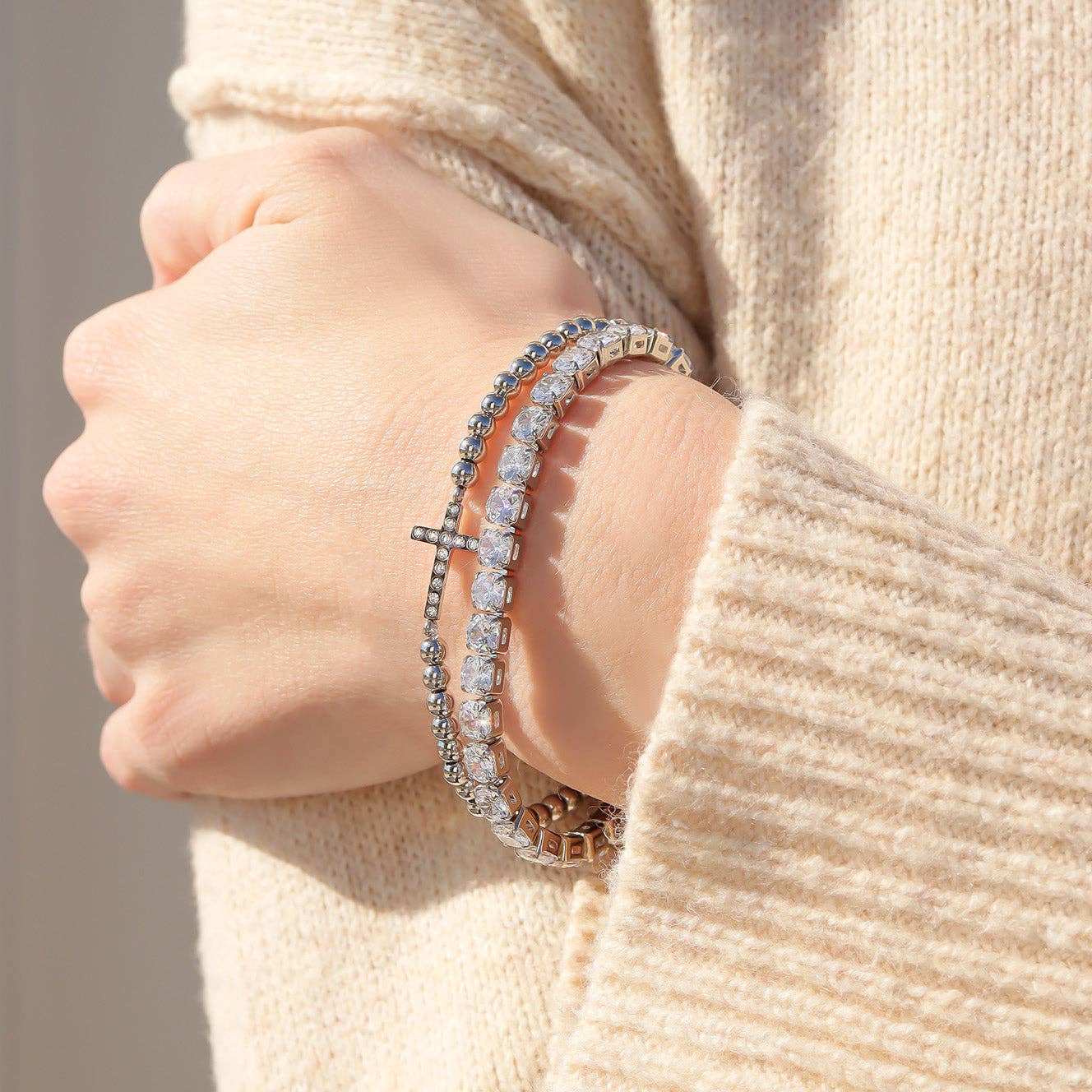 WJW - Wholesale Charm/Dangle Bracelet - 18K Gold PVD CZ Cross Beaded Stretch Bracelet1