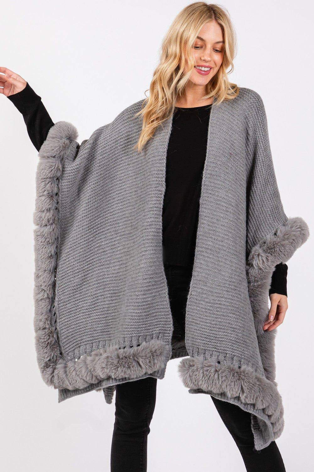 MiMi Wholesale - Wholesale Cape - Women's - MS0409 Brenda Fine Knit Faux Fur Hook & Eye-Closure Cape2