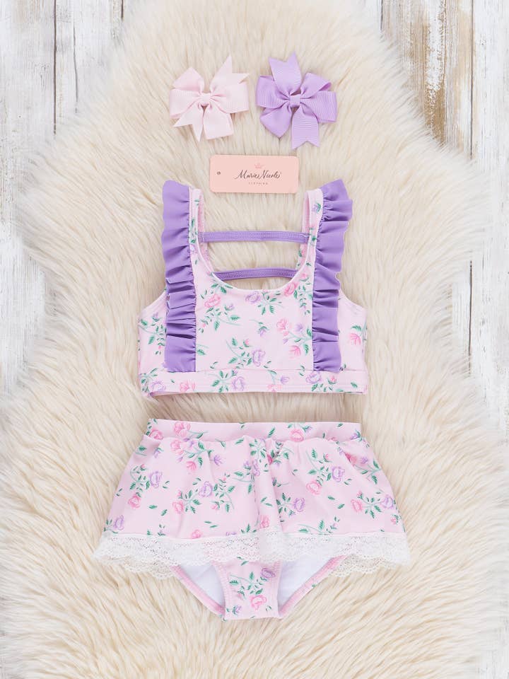 Marie Nicole Clothing - Wholesale Two Piece Swimsuit - Kids - Lacy Vintage Florals Peplum Swimsuit