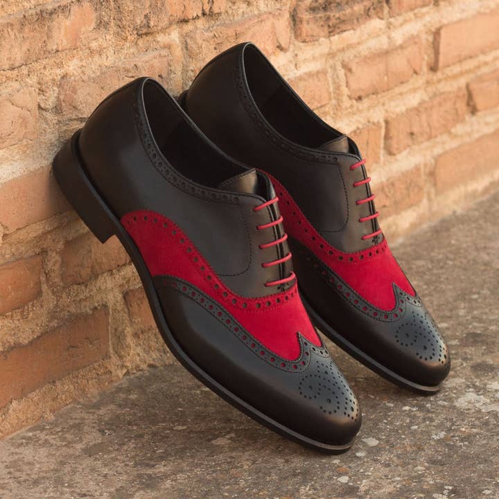 Aeron Men's Italian Leather & Italian Suede Full Brogue in Black / Red for wholesale by DapperFam