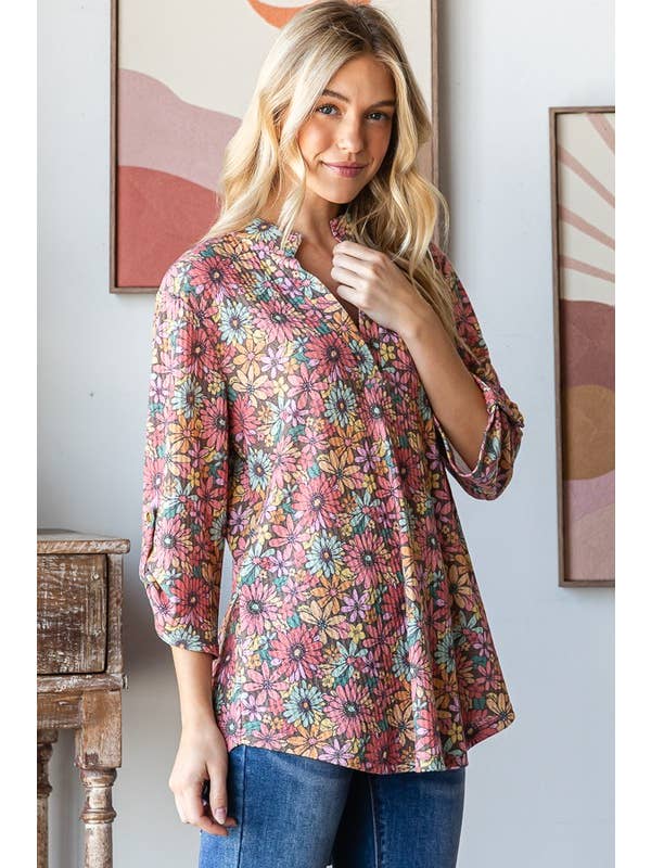 MOCHA MULTI ST1002-108 THREE QUARTER BUTTON SLEEVE MANDARIN FLORAL TOP for wholesale on Faire