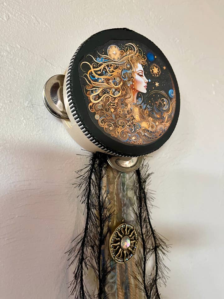 Charmed Mystical Moon Goddess 4" Tambourine and Ribbon for wholesale by Bodhi Leaf Market